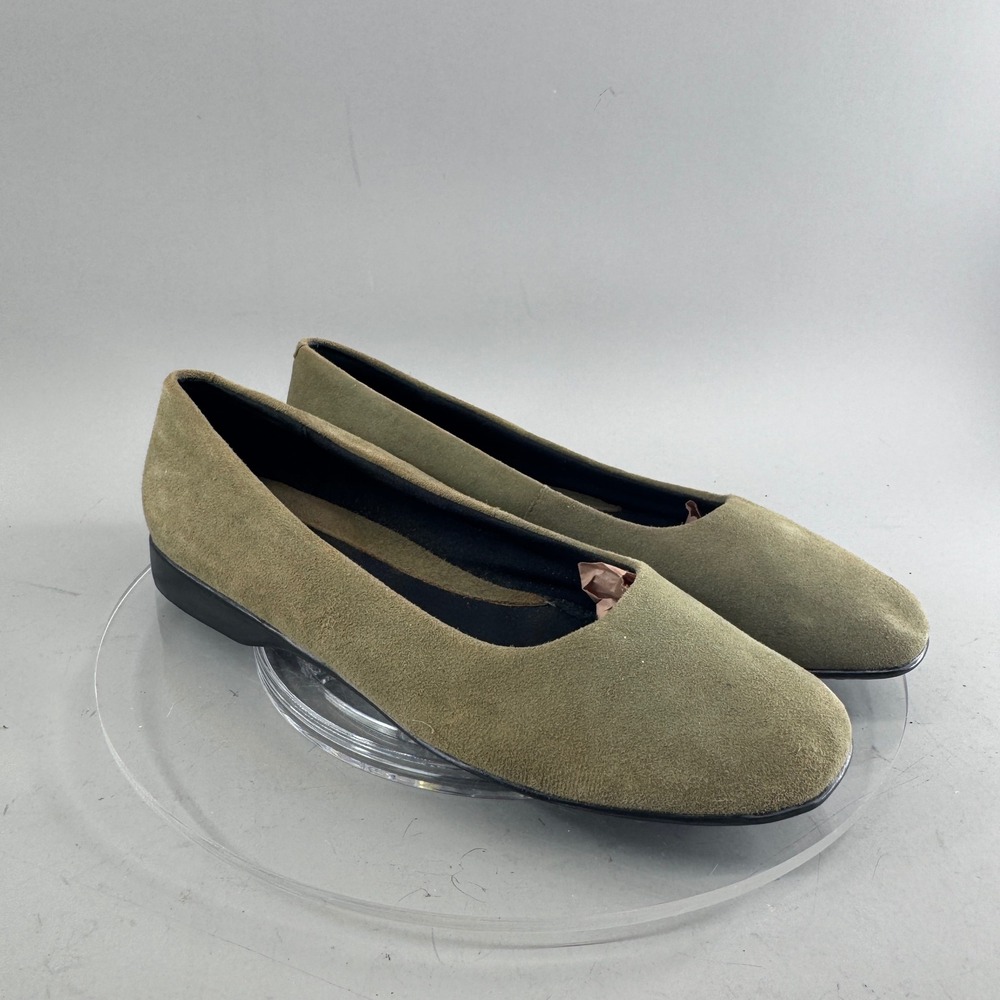 Markon Women Jackie Leather Suede Square Toe Low Wedge Flats Olive Green 10W